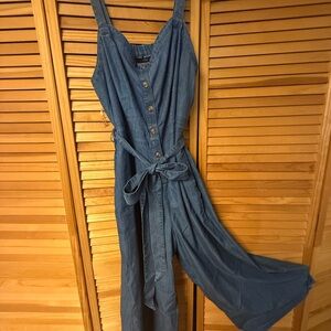 Lane Bryant Denim Blue Button-Front Jumpsuit with Tie Waist